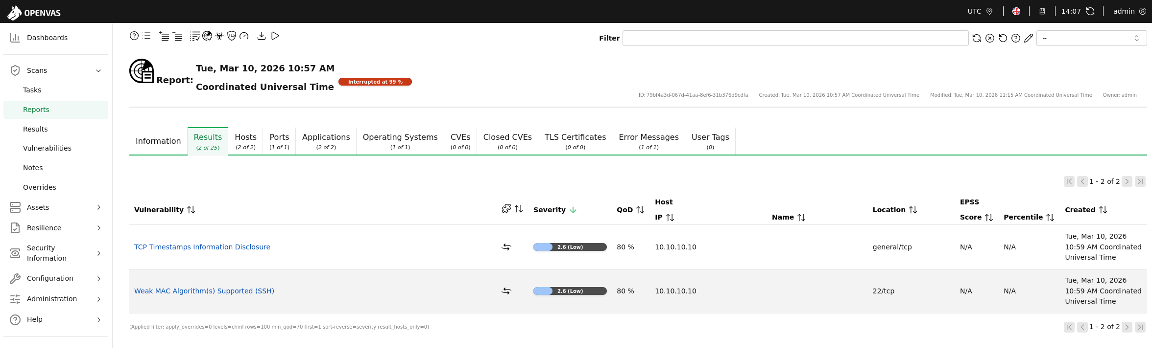 GVM OpenVAS scan results showing 2 Low severity findings: TCP Timestamps and Weak SSH MAC algorithms