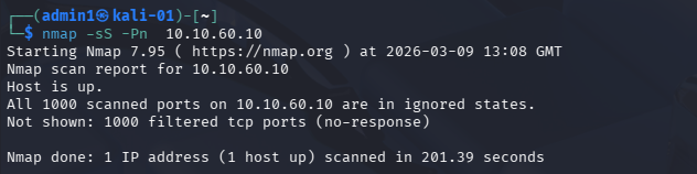 nmap SYN scan from Kali against VLAN 60 showing all 1000 ports filtered